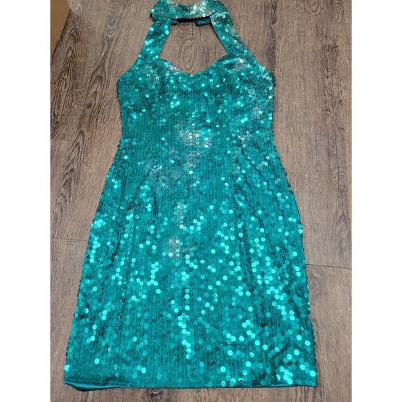 Cache 80s 90s Vintage Sleeveless Sequin Party Dress - Emerald Green Mermaid 8 - Picture 1 of 6